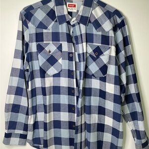 Wrangler Blue Plaid Distressed Long Sleeve Men's Large Button Up Collared Shirt